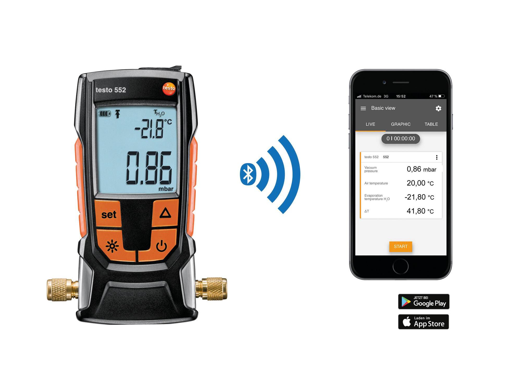testo 552 – digitális vákuummérő műszer Bluetooth® kapcsolattal